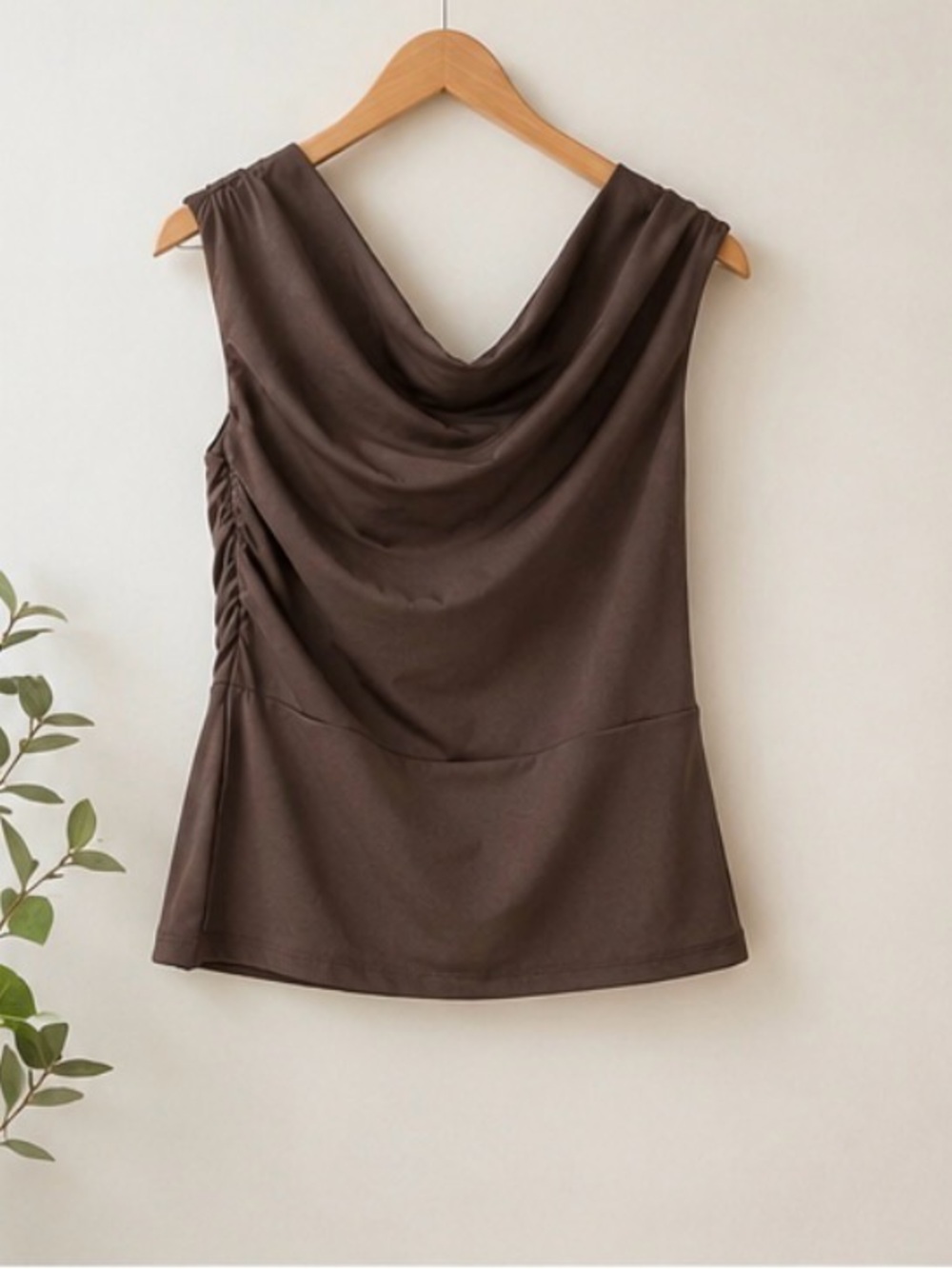 Brown Taupe Draped Cowl Neck Sleeveless Top | Chic Feminine
